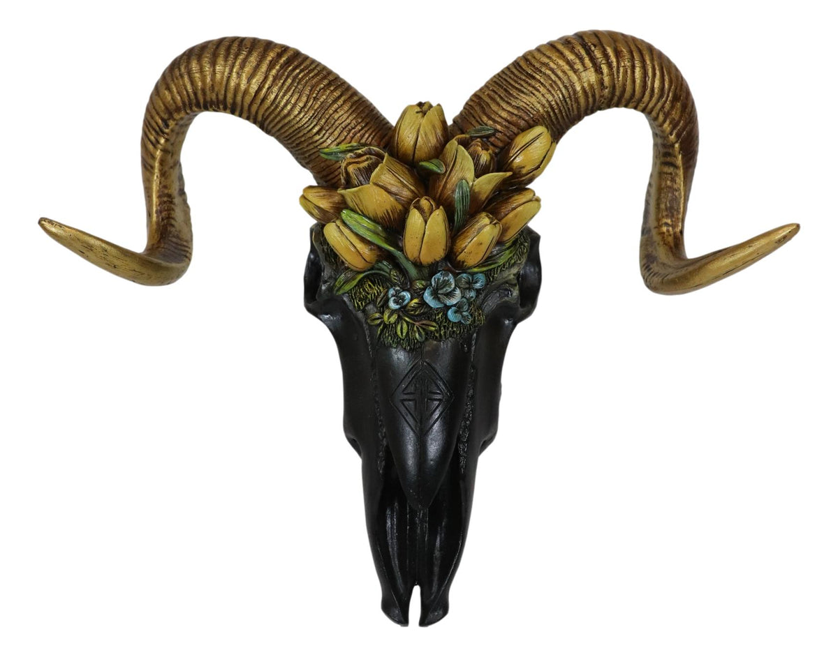 Rustic Black Ram Skull With Golden Horns And Tulip Flowers Wall Trophy Decor