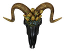 Rustic Black Ram Skull With Golden Horns And Tulip Flowers Wall Trophy Decor
