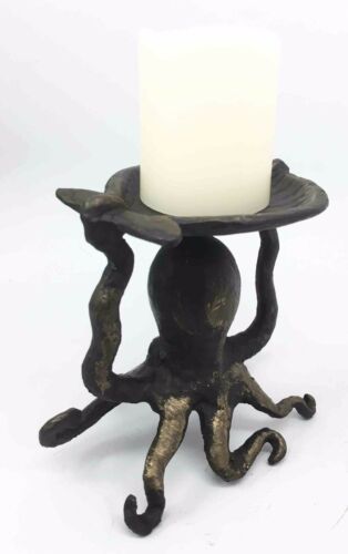 Nautical Ocean Reef Kraken Octopus With Sea Shell Pillar Candleholder Figurine