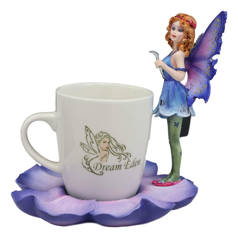 Ebros Fantasy Pixie Beverage Teacup Fairy Standing On Flower Saucer Display Stand Holder Statue with Dream Eden Coffee Mug Set for Whimsical Tea Party Decor Accent of Fairies Nymphs Pixies (Purple)