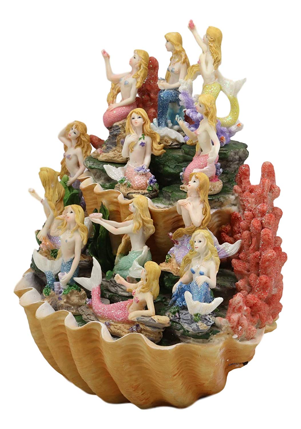 Ebros 10" Wide Colorful Nautical Ocean 2 Tier Golden Giant Clam Shell With Coral Reefs LED Glow Lights Display Stand With 12 Miniature Mermaids Figurine Set Fantasy Mermaid Mergirls Sirens of The Seas - Ebros Gift
