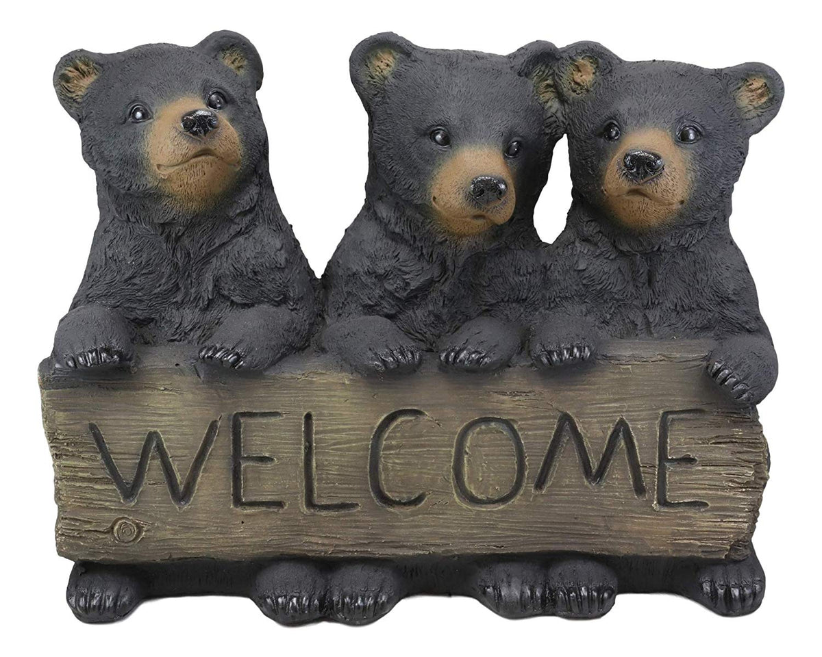 Large Rustic Forest 3 Black Brother Bear Cubs Holding Welcome Sign Statue Decor - Ebros Gift