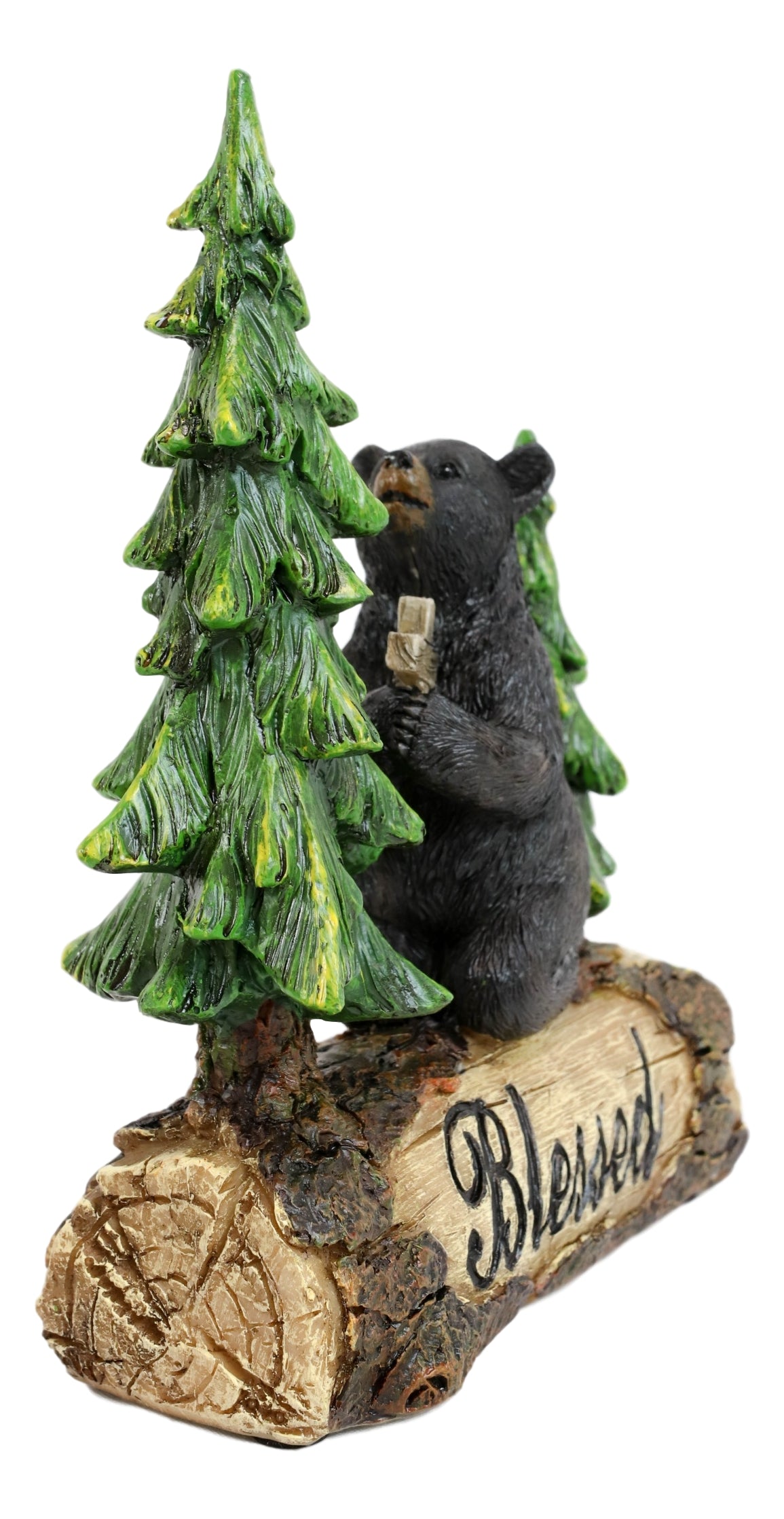 Blessed Rustic Western Black Bear Kneeling On Log by Pine Trees Praying Statue