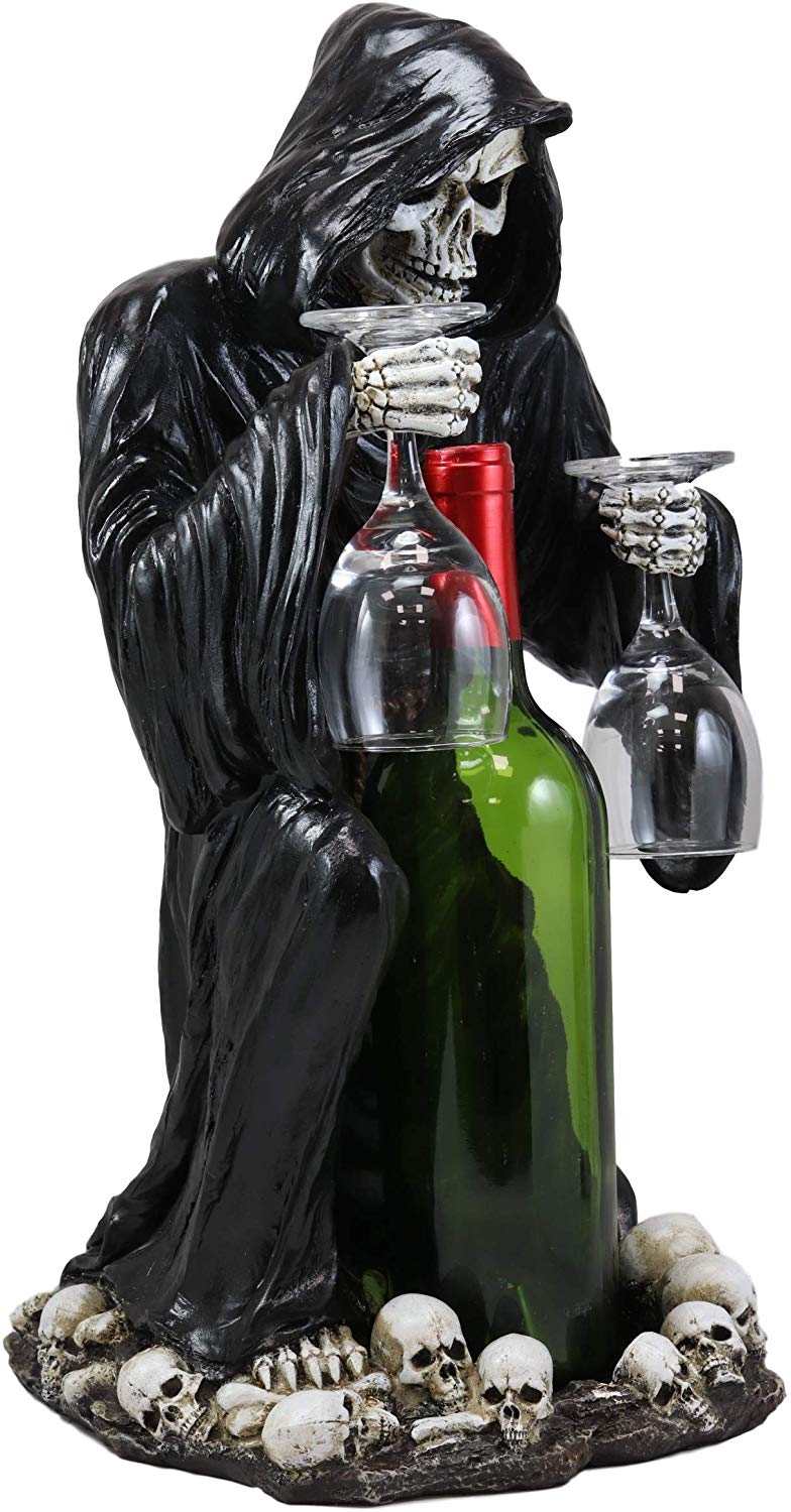 Large Kneeling Grim Reaper Skeleton Wine Bottle & Glasses Valet Holder Statue