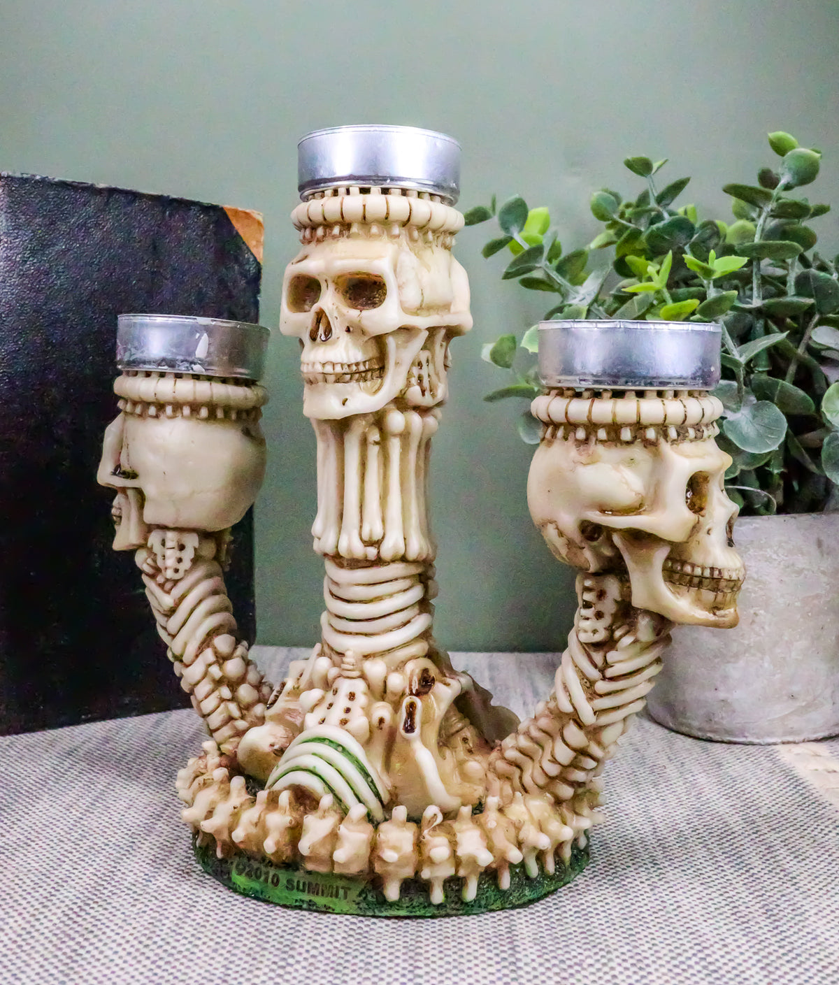 Ebros Trio Ossuary Graveyard Skulls & Skeleton Bones Candelabra Candle holder - Ebros Gift