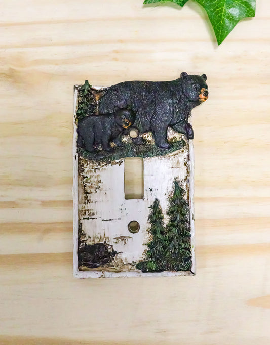 Ebros Set of 2 Rustic Pine Trees Black Mother Bear & Cub Wall Light Cover Plate