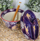 Ebros Japanese Dining Tempura Udon Noodles And Tentsuyu Dipping Sauce Large 6"D Bowl With Condiment Divider Lid And Built In Chopsticks Rest With Bamboo Chopsticks Set (Blue Spring Blossoms)