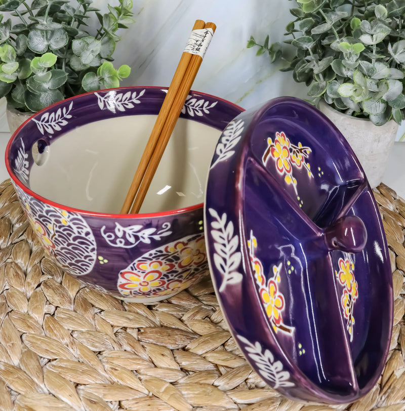Ebros Japanese Dining Tempura Udon Noodles And Tentsuyu Dipping Sauce Large 6"D Bowl With Condiment Divider Lid And Built In Chopsticks Rest With Bamboo Chopsticks Set (Blue Spring Blossoms)