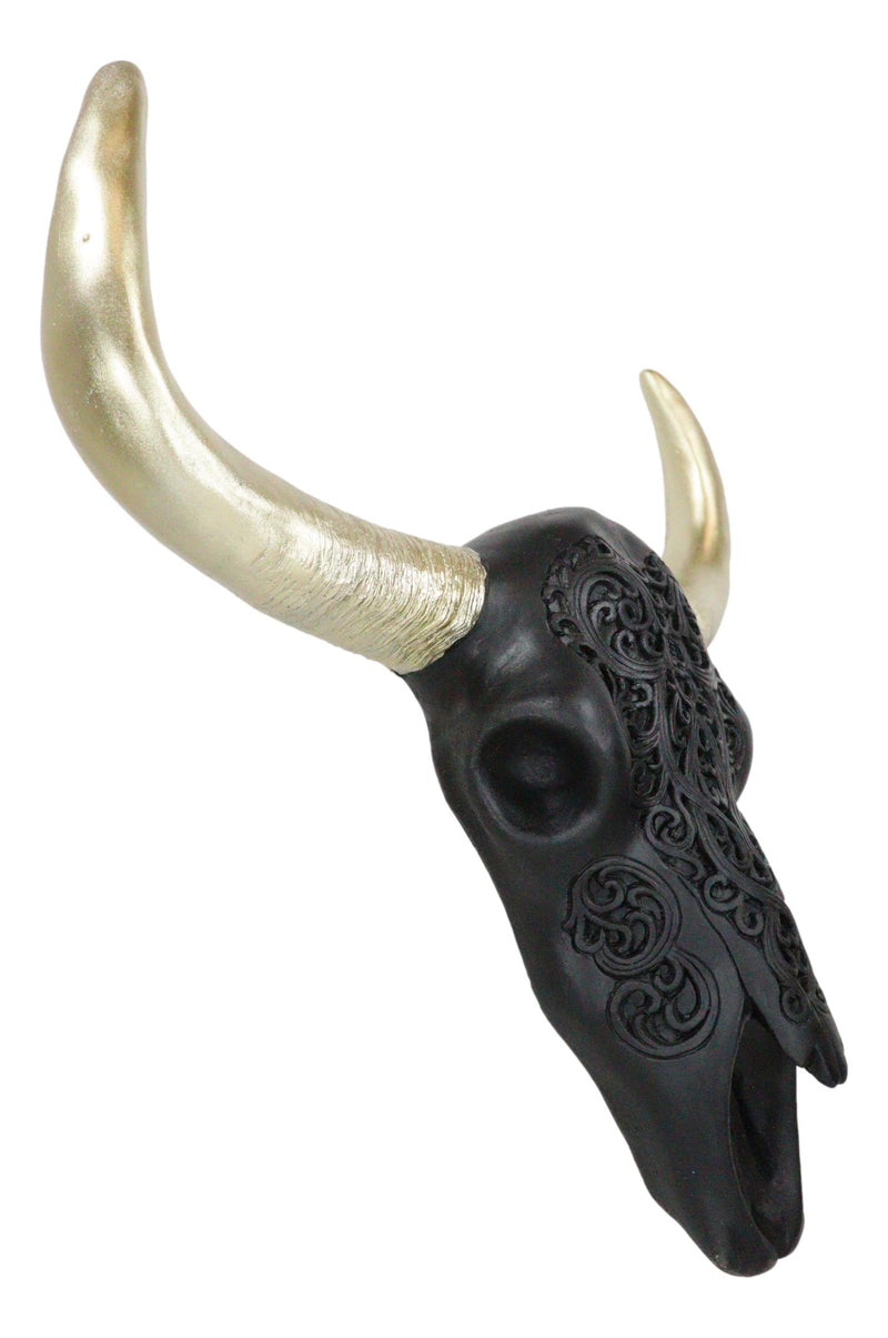 Black And Gold Tribal Floral Tattoo Tooled Filigree Bull Cow Skull Wall Decor