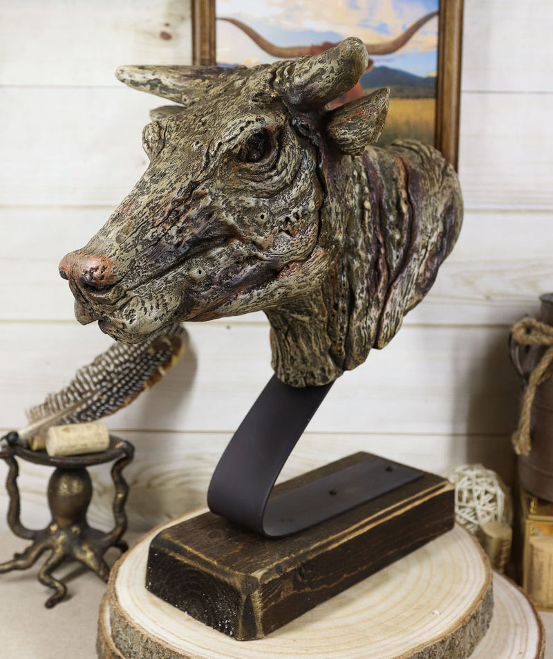 Rustic Wildlife Faux Driftwood Finish Bull Steer Cow Skull Bust Figurine On Base