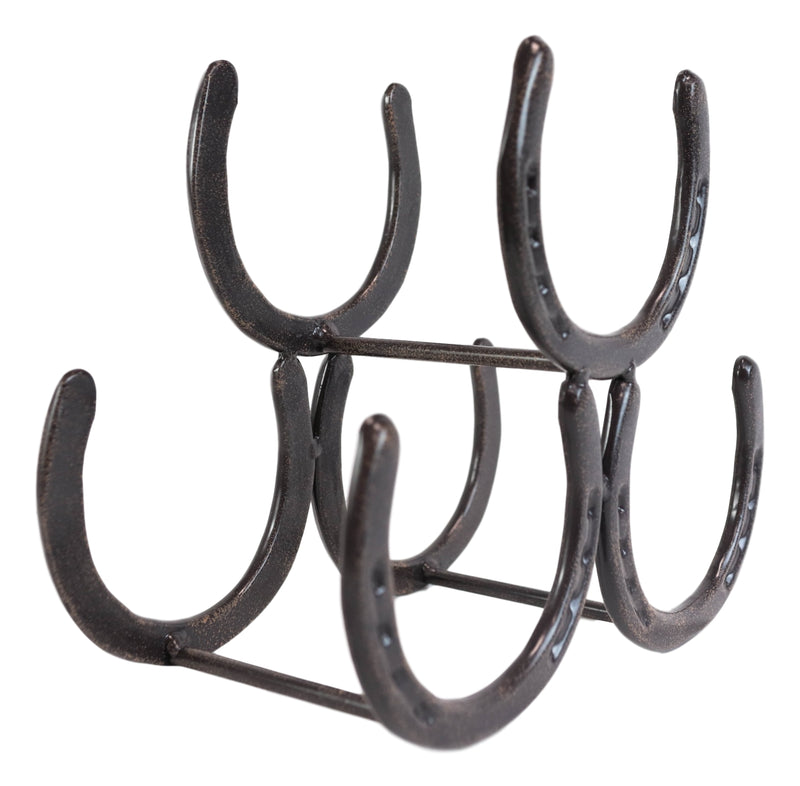 Large Cast Iron Rustic Farmhouse Stacked Horseshoes 3 Bottles Wine Holder Racks