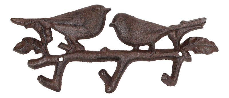 Cast Iron Rustic Lovebirds Perching On Leafy Twig Branch 3-Pegs Wall Coat Hook