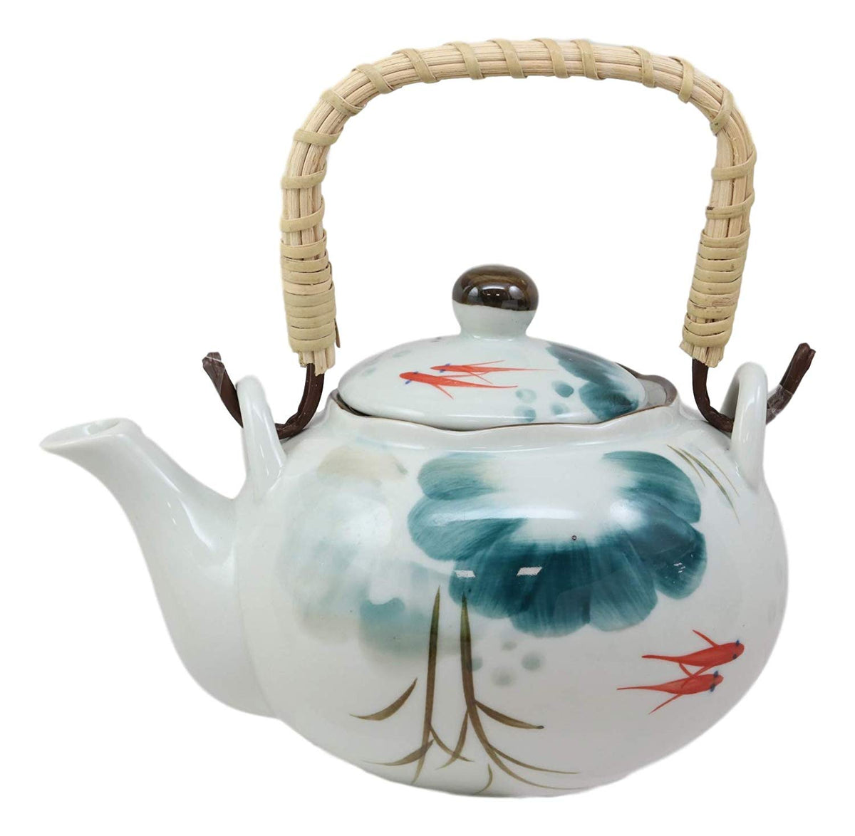 Chinese Art Feng Shui Pond With Koi Fishes Porcelain Tea Pot Set With 4 Cups - Ebros Gift