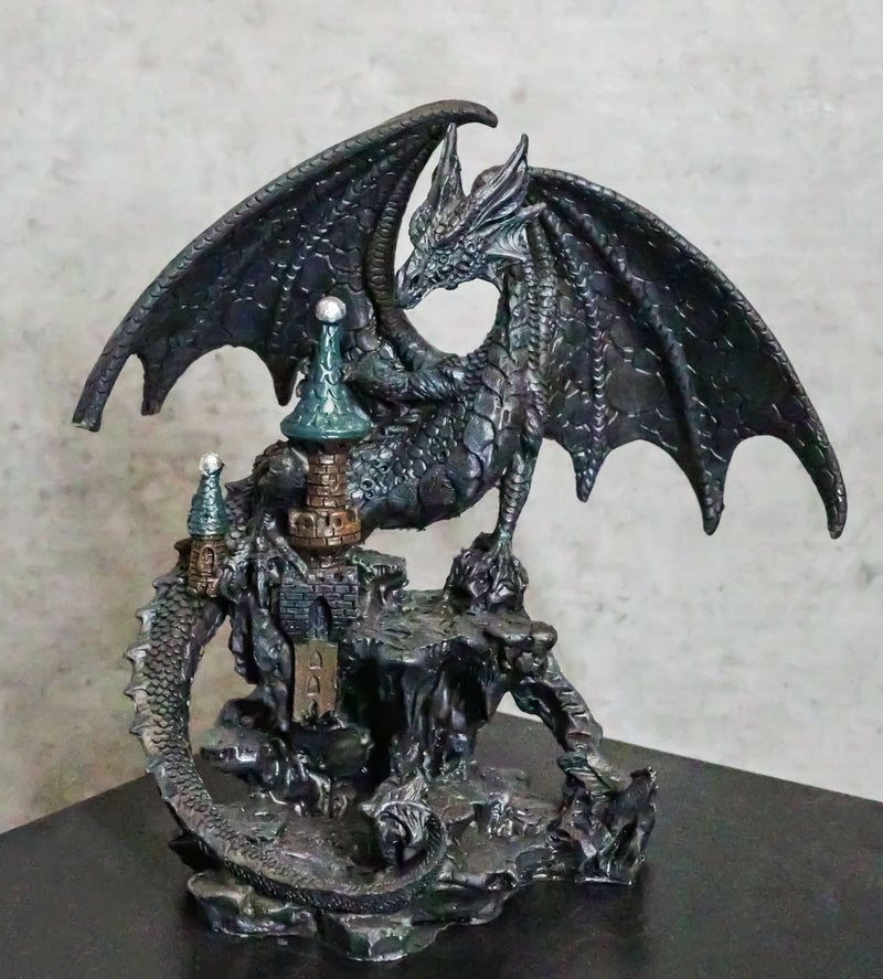 Stone Dragon With Open Wings Guarding Medieval Castle On Mountain Rocks Figurine