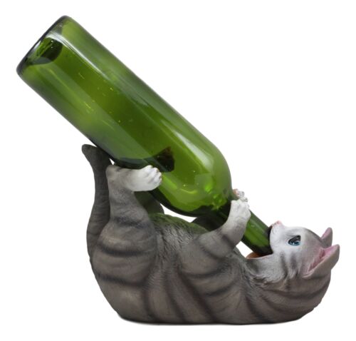 Ebros Feline Tabby Grey Kitty Cat Wine Bottle Holder Caddy Figurine (Grey)