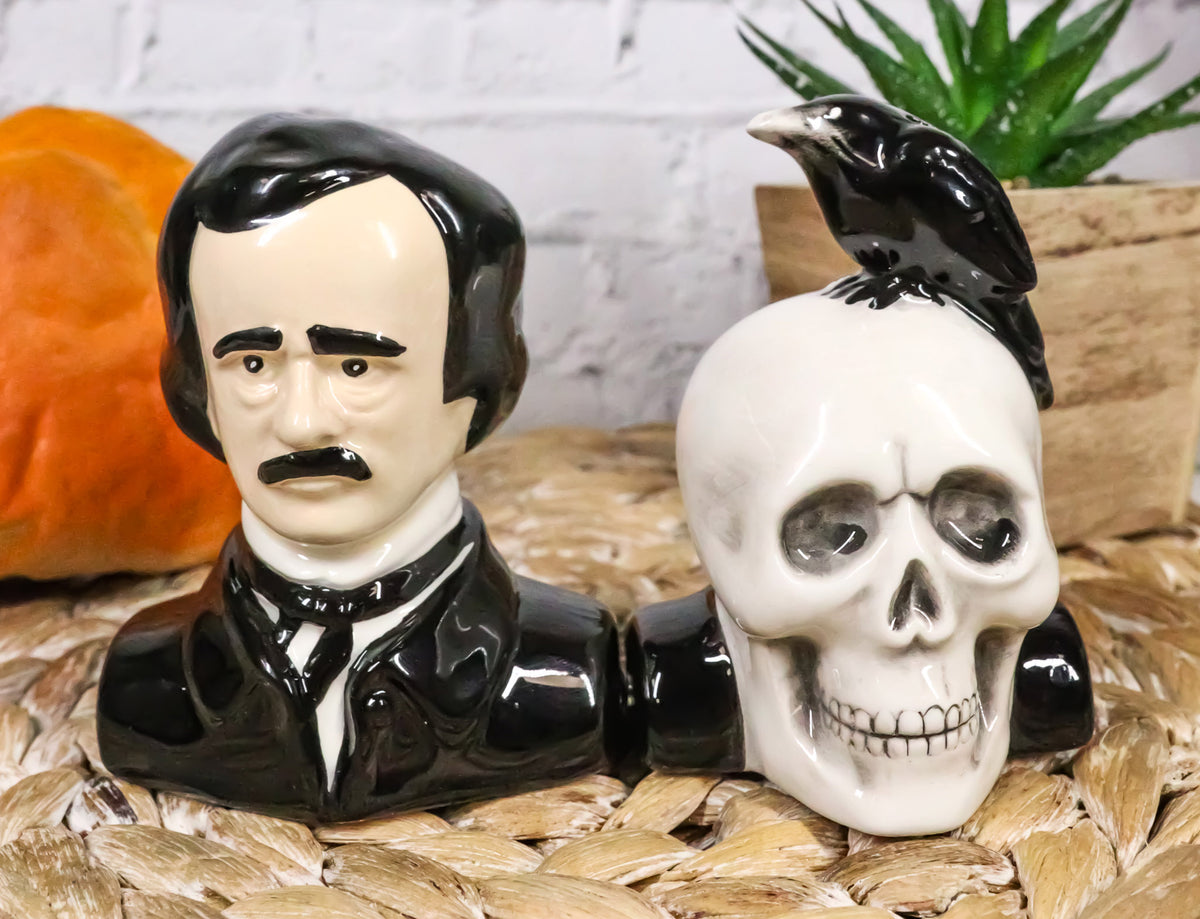 Ceramic Edgar Allen Poe And Nevermore Raven On Skull Salt And Pepper Shakers Set - Ebros Gift