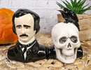 Ceramic Edgar Allen Poe And Nevermore Raven On Skull Salt And Pepper Shakers Set