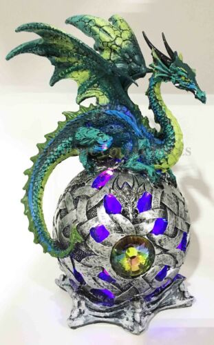 Elemental Jade Firnen Dragon Resting On LED Gyrosphere Orb Night Light Figurine
