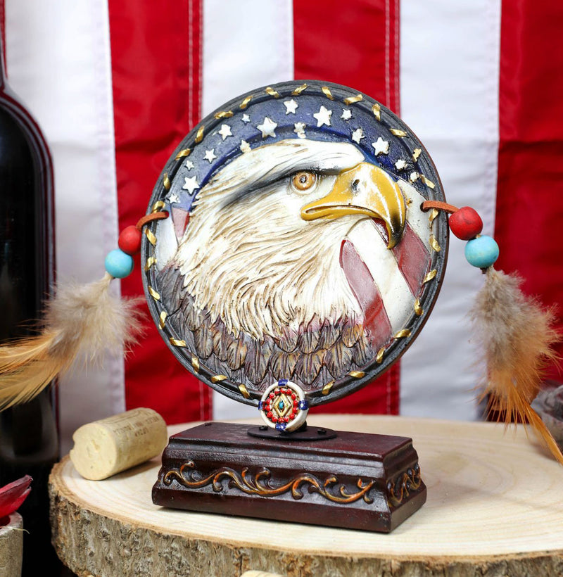 Patriotic Bald Eagle By American Flag With Dreamcatcher Feathers Desktop Plaque