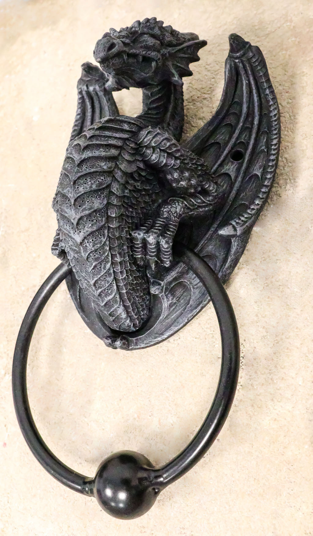 Ebros Faux Stone Fantasy Saurian Dragon Grasping Door Knocker Home Decor 8"H - Ebros Gift