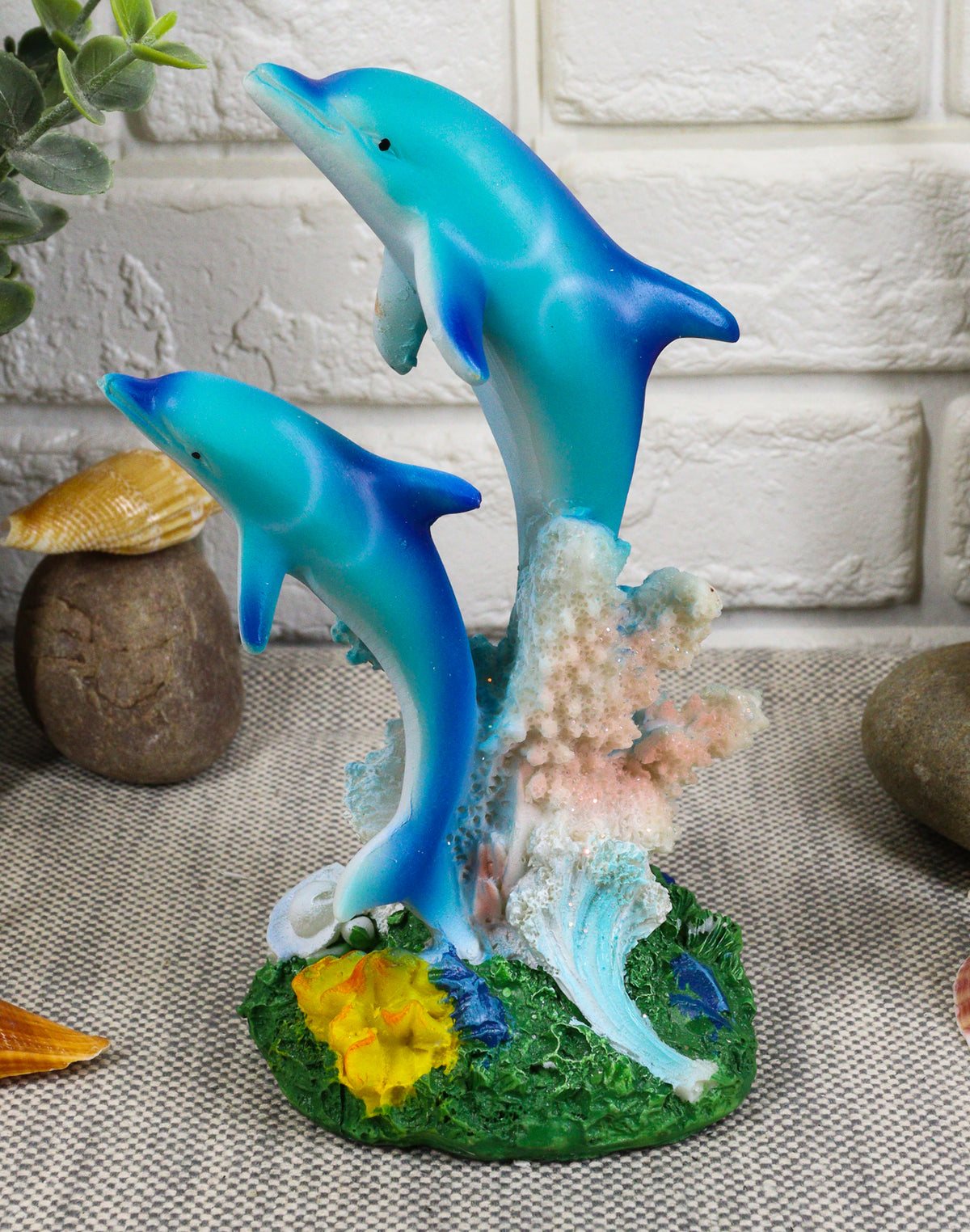 Sea World Nautical Two Bottlenose Dolphins Swimming By Coral Reefs Statue 5.5"H - Ebros Gift