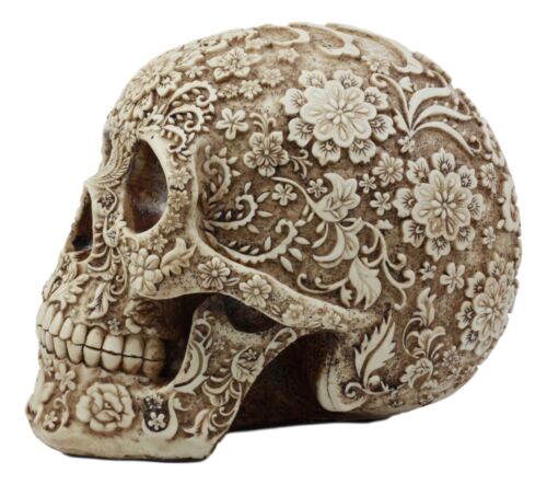 Ebros Natural Antique Skull Bone Floral Skull Statue 8"L Day Of The Dead Decor
