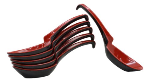 Asian Red Black Melamine Ladle Style Spoons Pack Of 6 Set With Notch And Hook - Ebros Gift