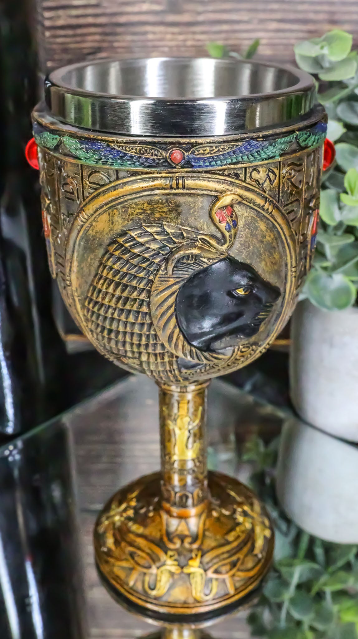Ebros Egyptian Sekhmet 6oz Resin Wine Goblet Chalice With Stainless Steel Liner