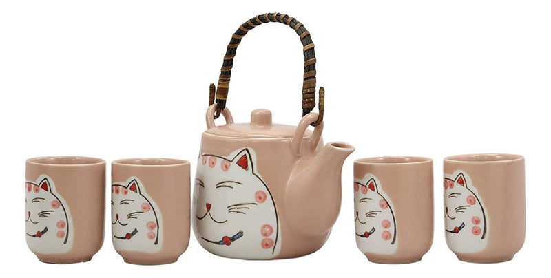 Maneki Neko Lucky Beckoning Cat Matte Pink 20oz Ceramic Tea Pot and Cups Set