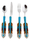 Southwest Chic Indian Turquoise Feather Flatware 4 Spoon Teaspoon Fork Knife Set