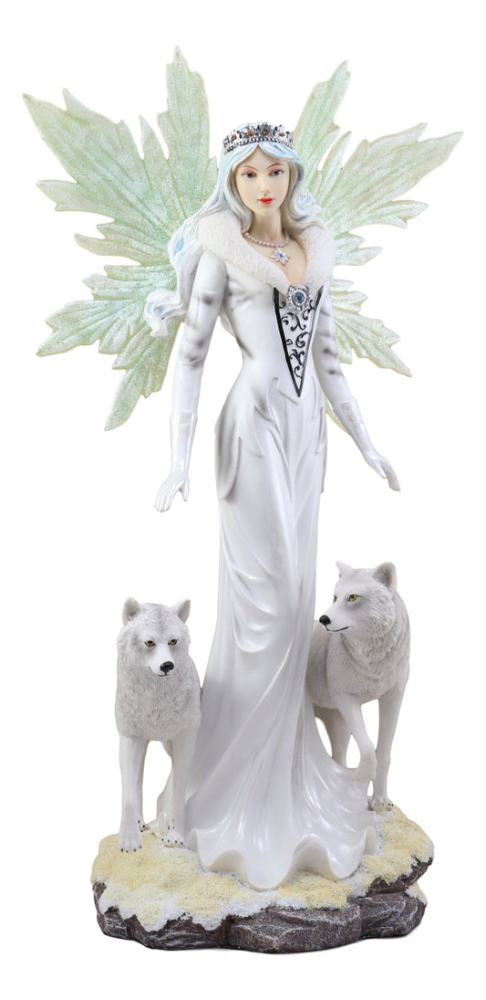 Large 21.25"H Frozen White Witch Fairy With Two Albino Wolf Direwolves Statue - Ebros Gift