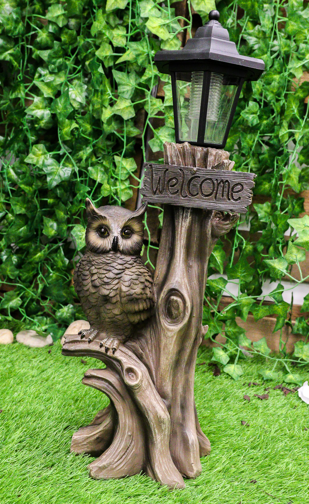 Ebros Forest Guardian Night Owl Welcome Sign Statue With Solar Powered Lantern