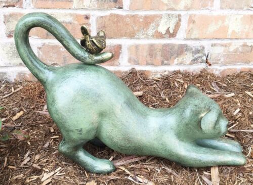 Crouching Cat With Bird Aluminum Garden Statue Figurine Home Decor 14" Length