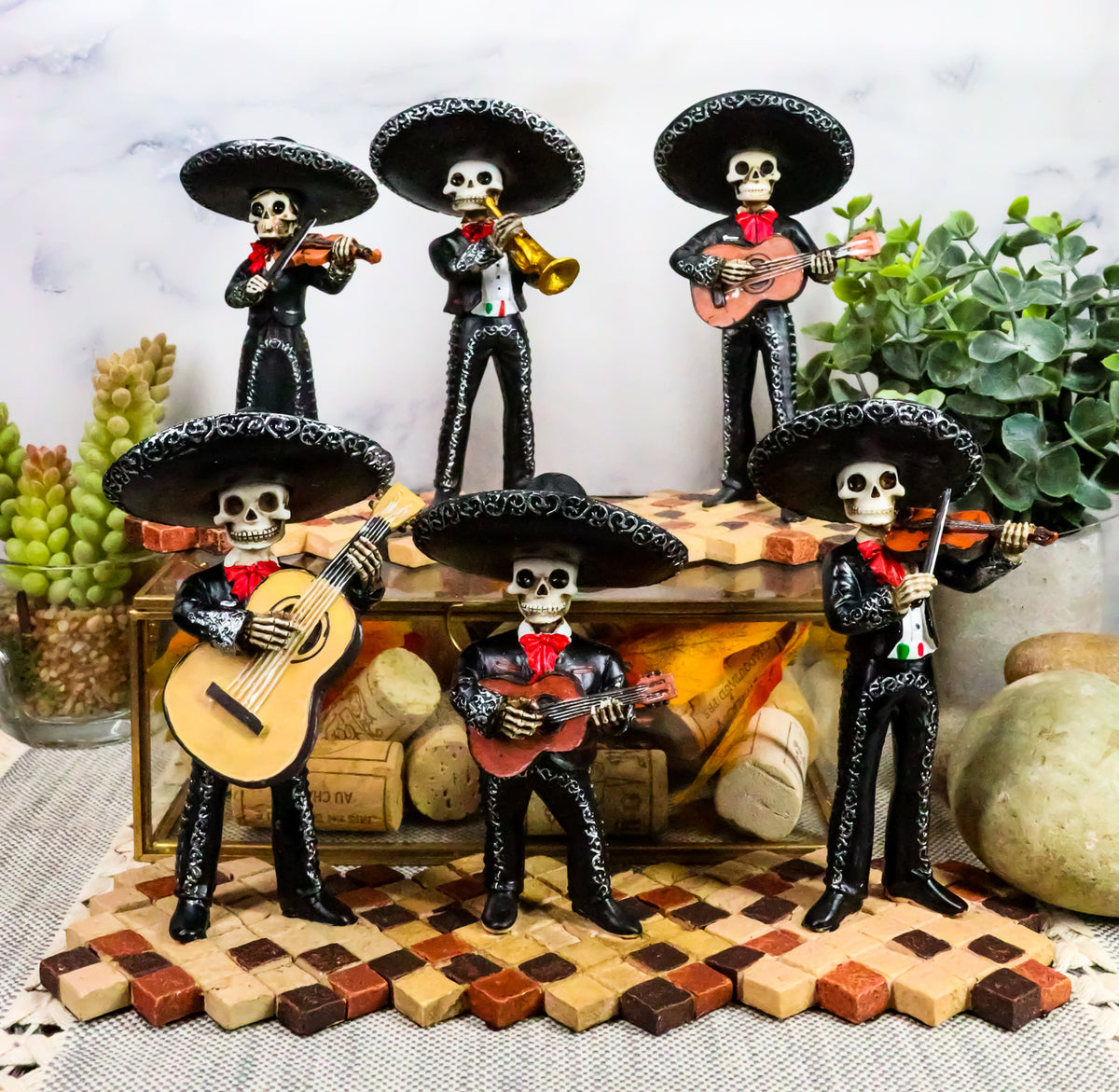 Day Of The Dead Black Mariachi Band Folk Musician Skeleton Figurines Set of 6 - Ebros Gift