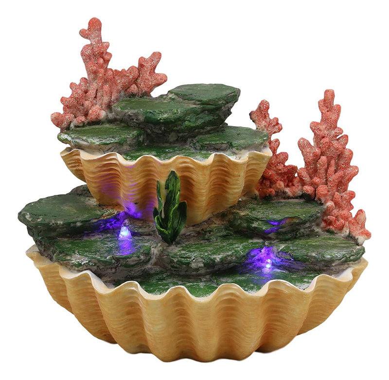 Ebros 10" Wide Colorful Nautical Ocean 2 Tier Golden Giant Clam Shell with Coral Reefs Miniature Mermaids Display Stand Statue with LED Glow Lights Fantasy Mermaid Mergirls Sirens of The Seas - Ebros Gift