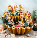 Colorful 2 Tier Golden Giant Clam Shells LED Display Stand With 12 Mini Mermaids - Ebros Gift
