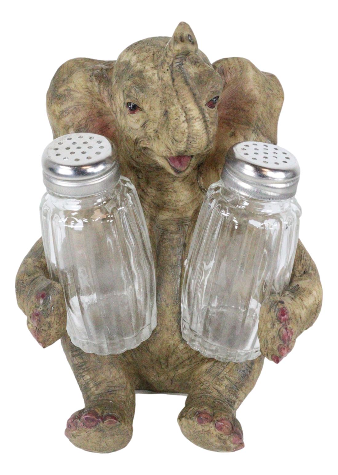 Sitting African Safari Bush Elephant With Trunk Up Salt Pepper Shakers Holder
