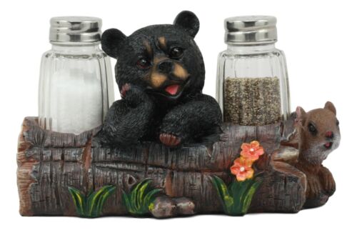 Baby Bear Cub Sitting In Log With Squirrel Salt And Pepper Shakers Holder Statue - Ebros Gift