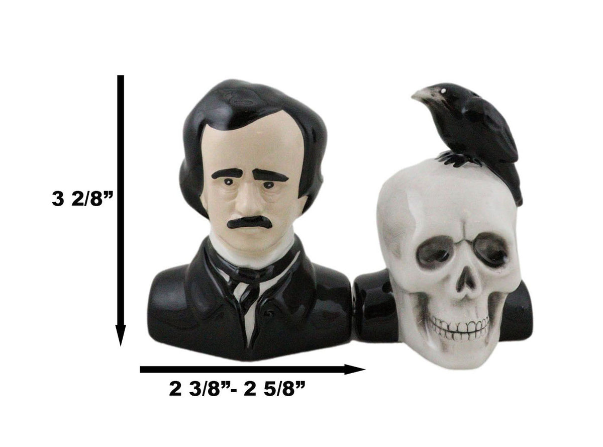 Ceramic Edgar Allen Poe And Nevermore Raven On Skull Salt And Pepper Shakers Set - Ebros Gift