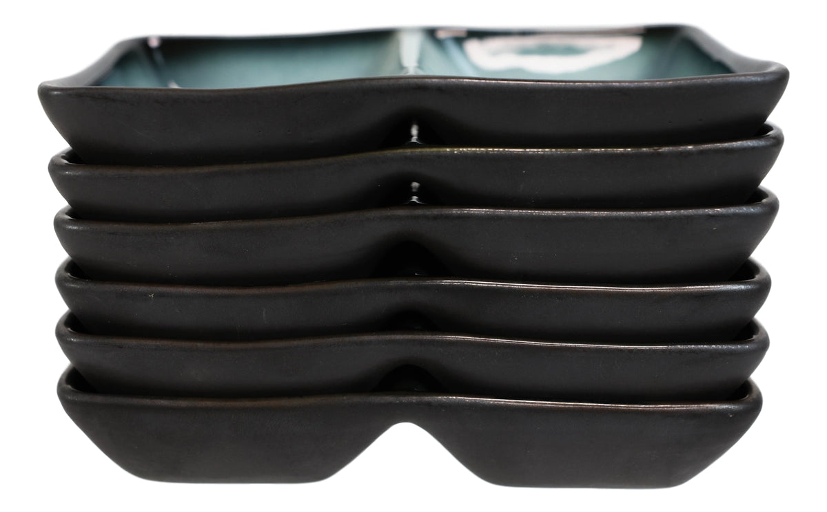 Pack Of 6 Ceramic Zen Blue Soy Sauce Or Condiment Dishes With 2 Compartments
