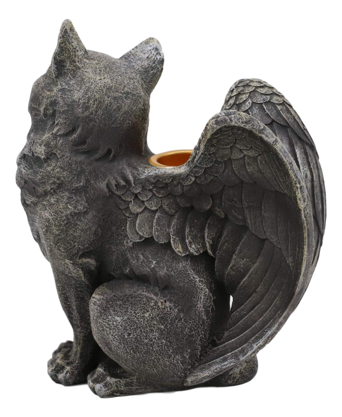 Gothic Notre Dame Angel Wings Cat Gargoyle Right Facing Candle Holder Statue 5"H - Ebros Gift