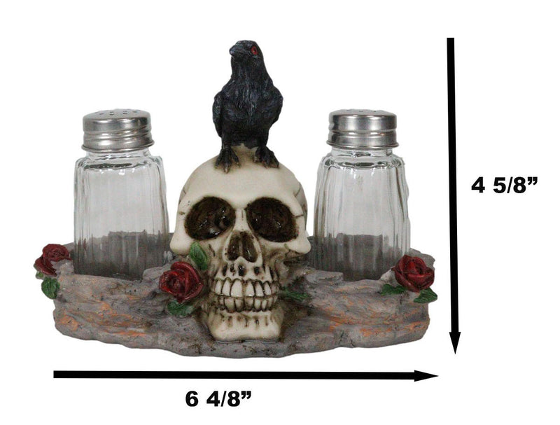 Ebros Day Of The Dead Raven Crow W/ Rose Skull Salt & Pepper Shakers Holder Set