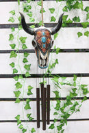 Set Of 2 Southwest Boho Chic Turquoise Ember Floral Scroll Cow Skull Wind Chimes