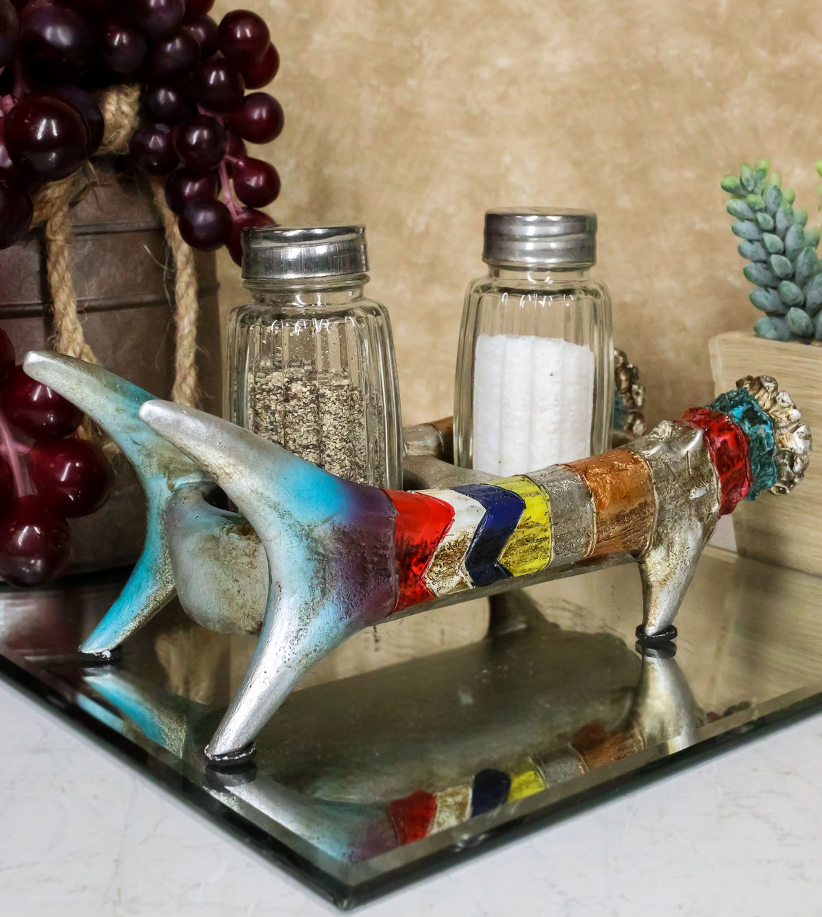 Rustic Colorful Southwestern Buckhorn Antlers Deer Salt Pepper Shakers Holder