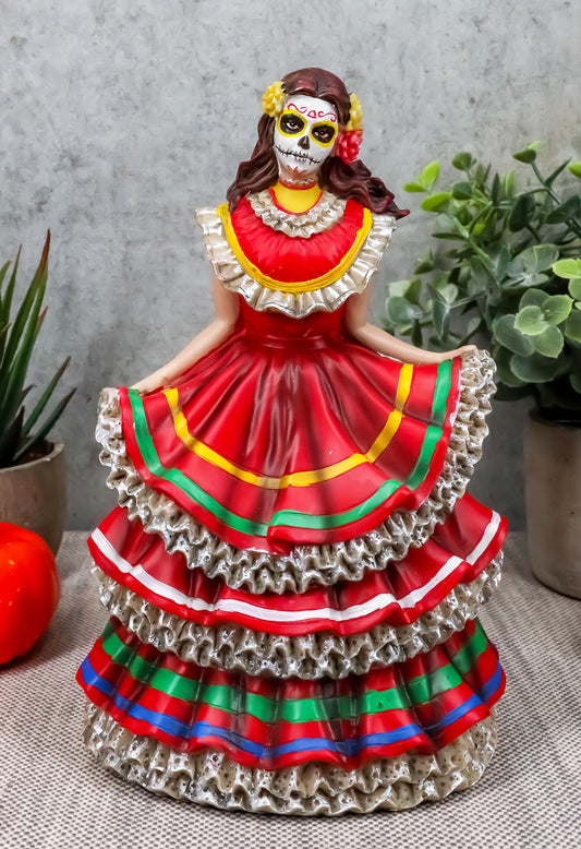 Day Of The Dead Traditional Red Gown Sugar Skull Dancer Statue Vivas Calacas - Ebros Gift
