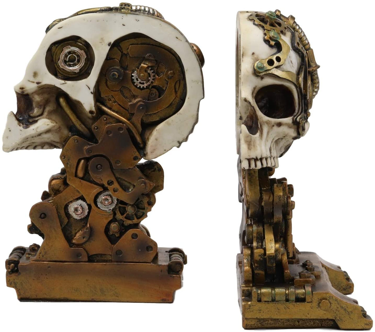 Cyborg Robotic Gearwork Facility Steampunk Skull Bookends Set Figurine Statue