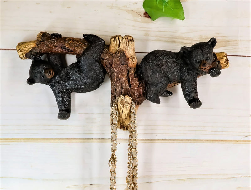 Ebros Rustic 2 Playful Black Bears Dangling On Tree Branches 3 Wall Hooks 9.25"W