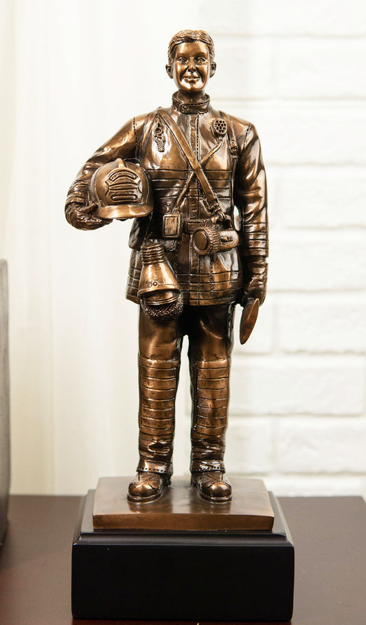 Fire Fighter Civil Service Firewoman With Helmet and Axe On Trophy Base Statue - Ebros Gift