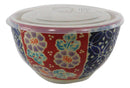 Ebros Set of 2 Ceramic Blue Red Floral Patterns Portion Meal Bowls 3 Cups Airtight Lid
