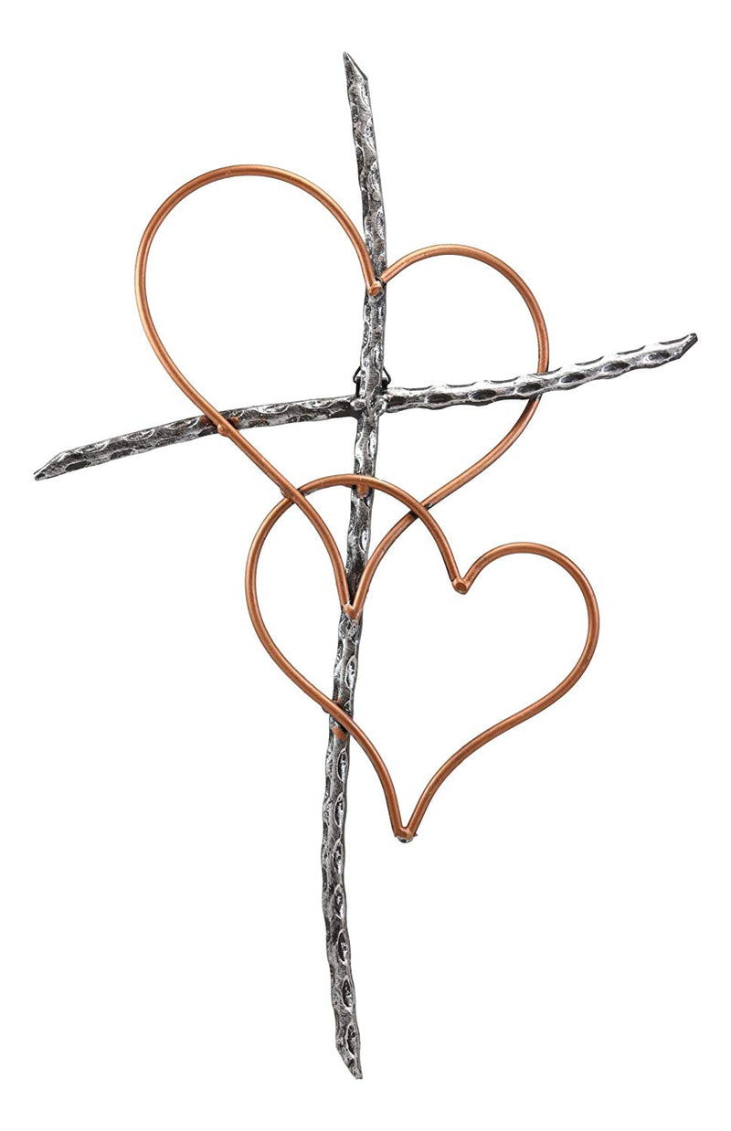 Ebros Metal Silver Rope Wire Sticks and 2 Golden Hearts of Love Wall Hanging Cross Decor Plaque Vintage Art Sculpture 19.75" Tall Catholic Christian Accent Decorative Crosses